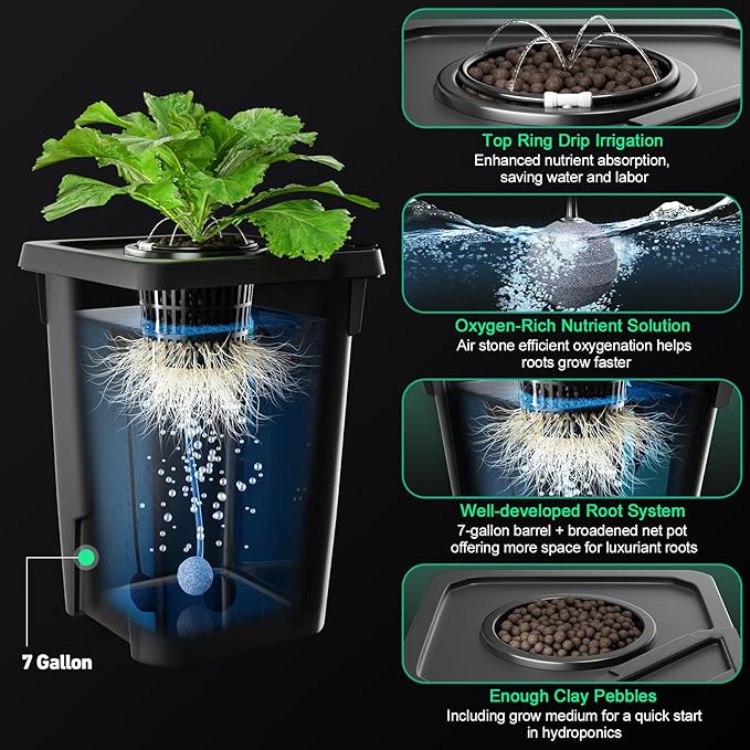 2 Buckets DWC Hydroponics Grow System with Top Drip Kit 7 Gallon Deep Water Culture with Air Pump Air Stone Air Hose Recirculating Drip Garden System