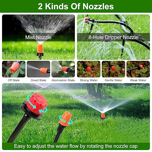 KOCASO 164FT Drip Irrigation System KitAutomatic Watering System Misting Plant Watering Drip Kit with 2 Kinds of Nozzles &amp 3Pcs Quick Connectors for GardenGreenhouse PatioLawn