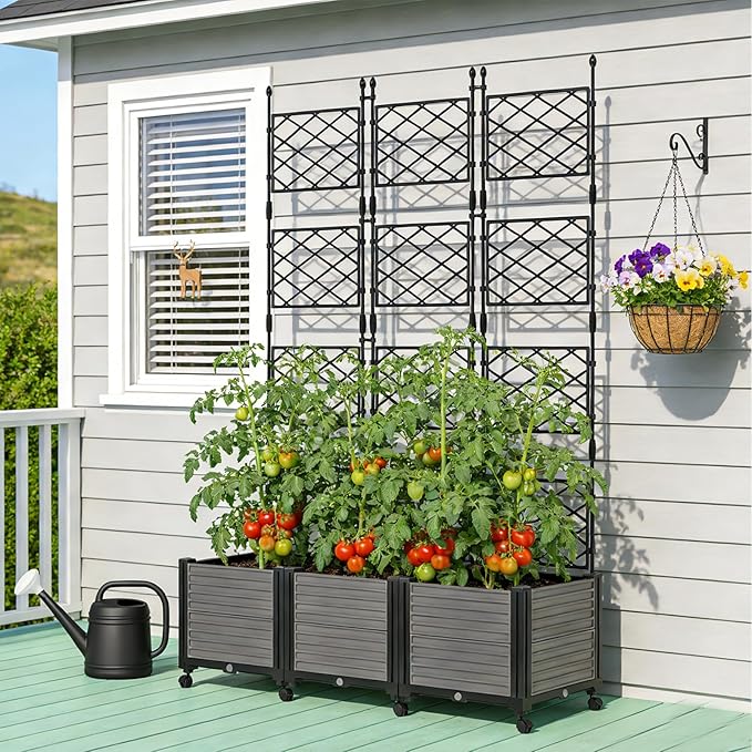 Raised Garden Bed Planter Box with Trellis 63''H Tomato Planters for Climbing Plants Vegetable Vine Flowers Outdoor Patio Tomato Cage Self Watering Planter with Wheels