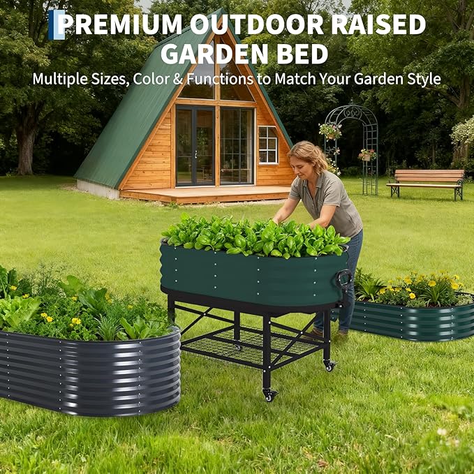 CABIHOME Galvanized Raised Garden Bed Kit with Cover Legs &amp Storage Rack Sturdy Metal Planter Box for Vegetables Flowers &amp Herbs – Corrosion-Resistant Mobile on Wheels Green