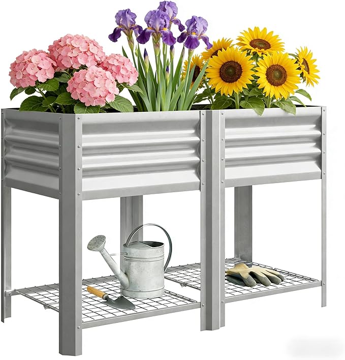 Elevated Outdoor Raised Garden Bed with Legs - 39.6-Gallon Galvanized Steel Planter Box for Patio Herbs Vegetables &amp Flowers - Ergonomic Height 33lb Storage Shelf (Silver)