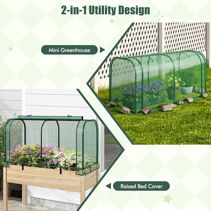 Happygrill Raised Garden Bed with Greenhouse Cover Raised Bed with Legs &amp Drainage Holes for Herbs Vegetables Outdoor Wood Elevated Planter Box for Patio Backyard Balcony (Green+Natural)
