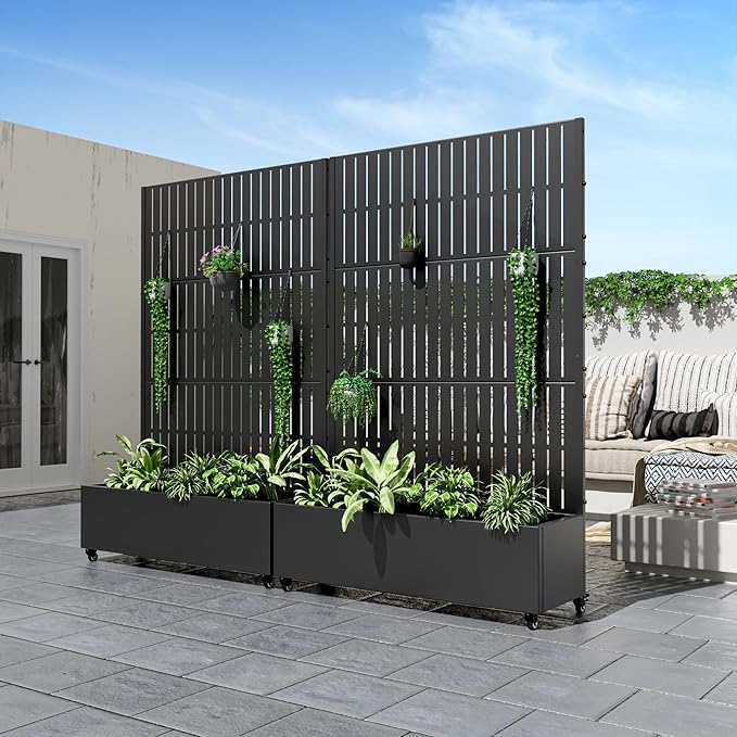 Casaphoria Metal Raised Garden Bed with Trellis and Wheels 72x47x16 Planter Box for Climbing Plants Vegetables &amp Vines Features Drainage Holes and Privacy Screen (Black)