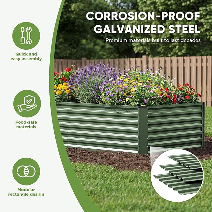 Galvanized Raised Garden Bed Outdoor 8x4x2ft Large Raised Bed for Gardening Metal Planter Box for Vegetables Fruits Flowers and Herb Easy Assembly Food Grade Materials Green