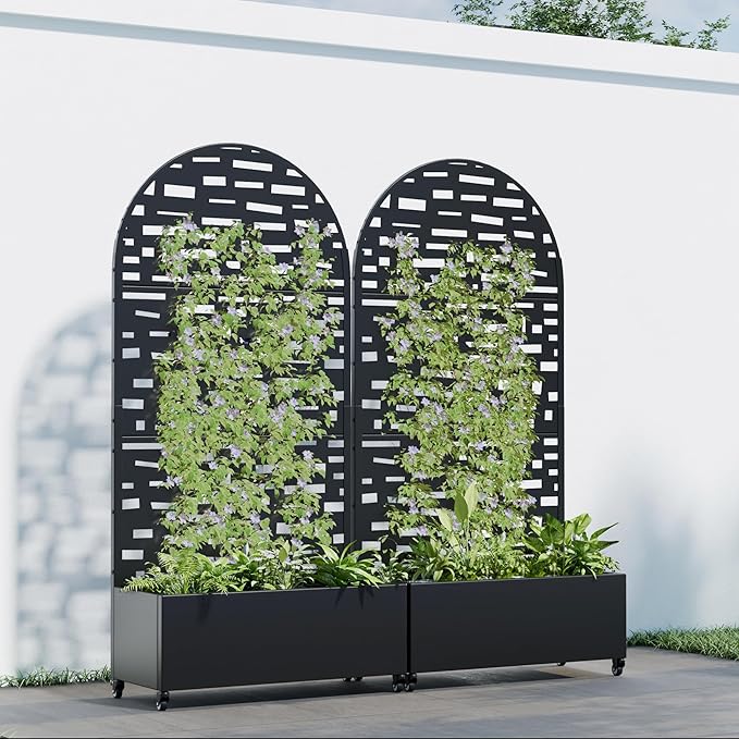 Casaphoria 72x35 Metal Raised Garden Bed with Trellis(2 Pack) Outdoor Planter Box with Wheels &amp Drainage Holes for Climbing Plants Flowers Elevated Garden Kit Black-Gerald-Arched