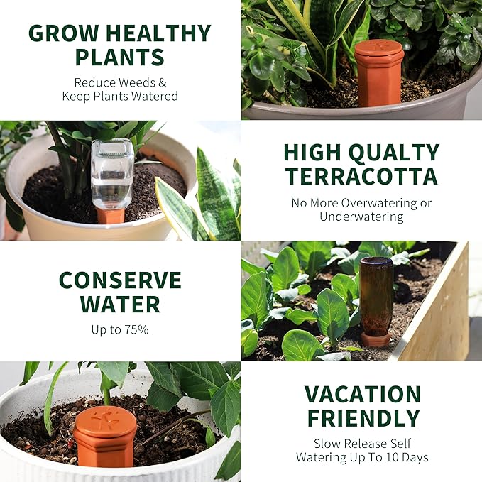 Large Terracotta Watering Spikes with Lids Automatic Plant Waterer Outdoor | Indoor Vacation Friendly Clay Plant Watering Devices System Slow Release Self Watering Planter Insert 4 Pack