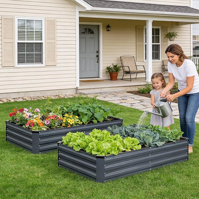 INNO STAGE Galvanized Raised Garden Bed Kits 6x3x1ft Metal Raised Garden Beds Outdoor Steel Raised Planter Bed with Gloves for Vegetables &amp Flowers Patio Ground Planter Box(Grey 2PCS)