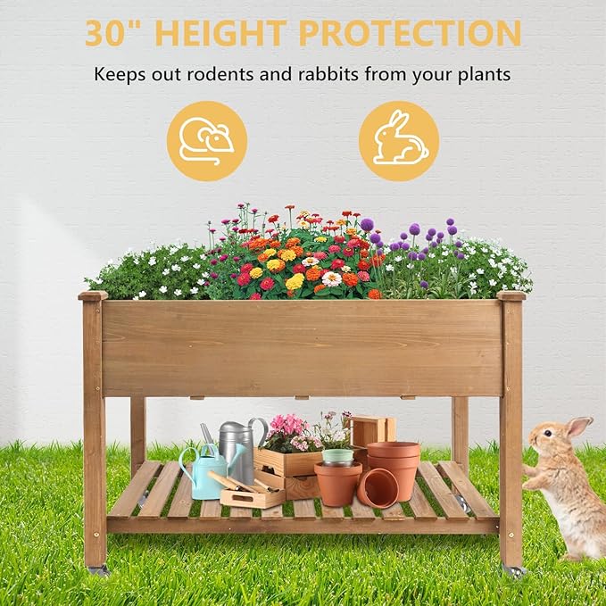 Raised Garden Bed with Wheel 48x24x30in Elevated Wood Planter Box Can Grow Vegetables Flowers and Herbs Suitable for Backyard Patio Balcony Terrace Veranda （Brown）