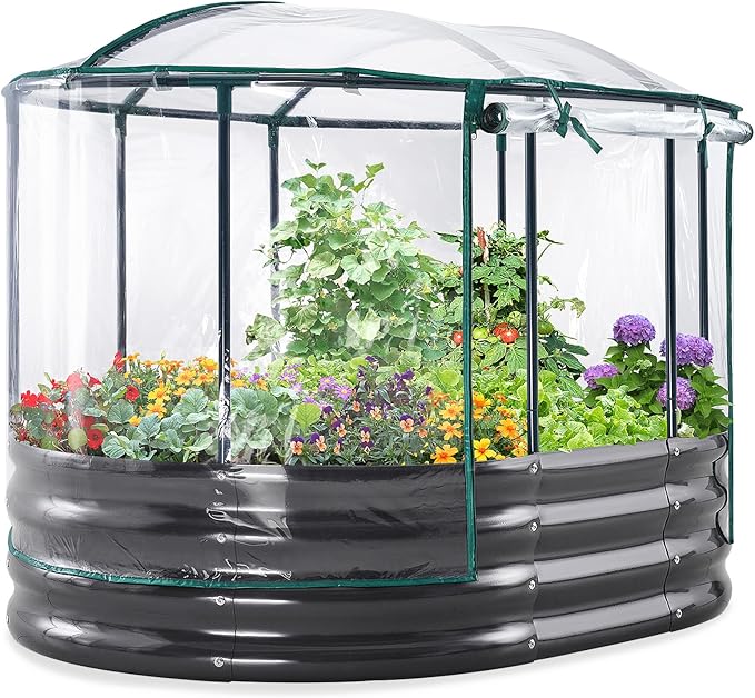 KING BIRD Raised Garden Bed with Cover Galvanized Oval Planter Garden Box Outdoor for Gardening Vegetables Flowers 47.2x35.4x11.8 in Clear