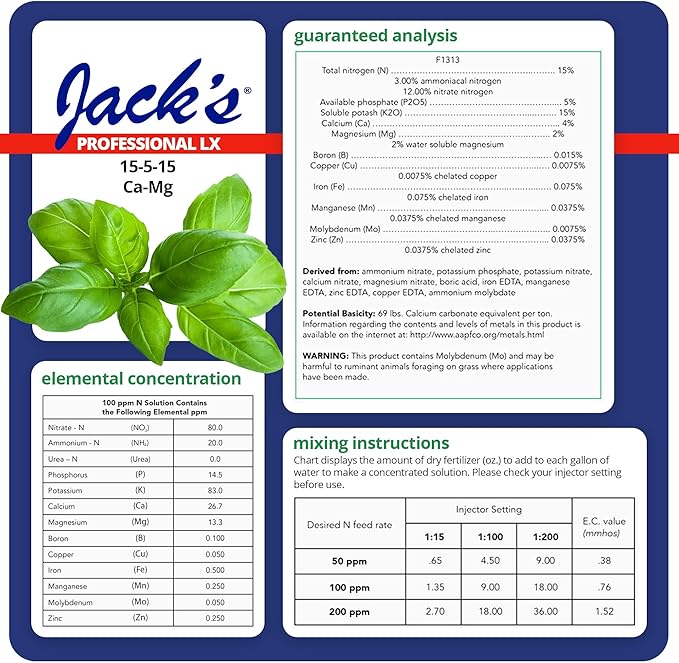 Jack's Professional 15-5-15 CA-MG LX Comprehensive Water-Soluble Fertilizer for Growth in Short Stocky Plants Grown in Continuous Liquid Feed Programs 25lbs