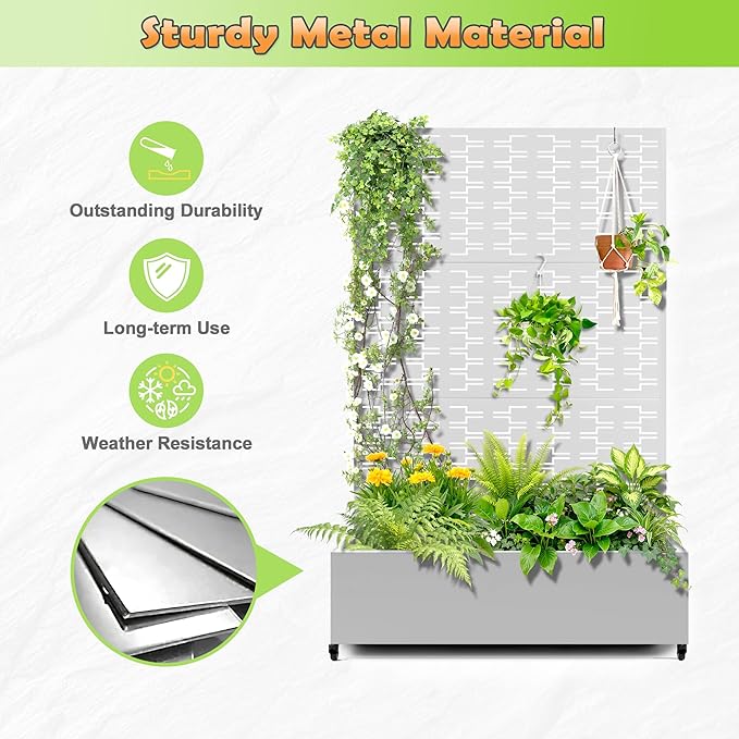 Metal Raised Garden Bed with Trellis 2-in-1 Planter Box &amp Privacy Screen for Climbing Plants Outdoor Standing Flower Bed with Drainage Holes 47.2 L x 16.7 W x 70.8 H White-Brick