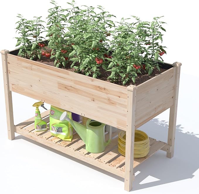 Gotland Raised Garden Bed with Legs Raised Beds for Gardening with Storage Shelf Bed Liner Drainage Holes Wooden Planter Raised Beds Raised Planter Box for Backyard Patio Balcony Natural