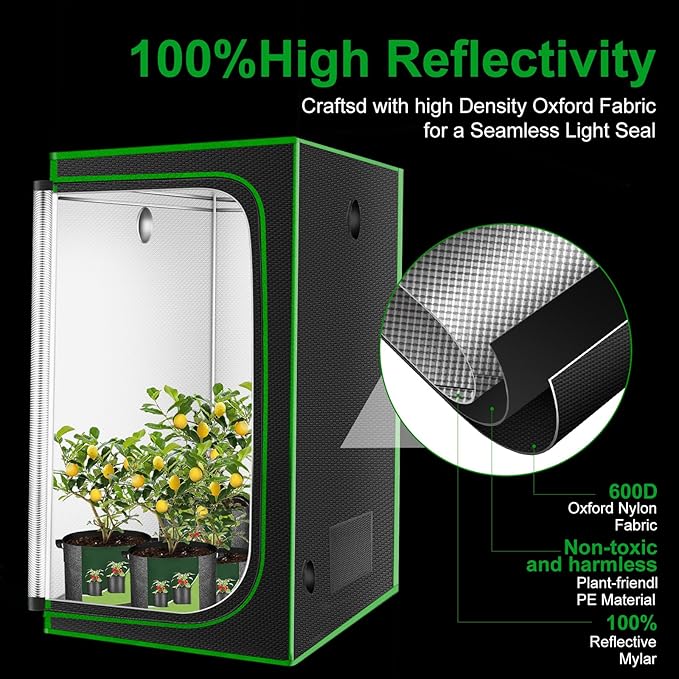 MELONFARM 4x4 Grow Tent 48x48x80'' High Reflective 600D Diamond Mylar Canvas with Observation Window and Floor Tray for Hydroponic Indoor Plant Growing