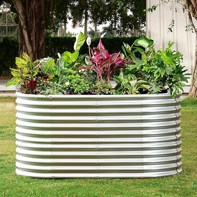 Land Guard 8x4x3ft Oval Galvanized Raised Garden Beds Large-Capacity Metal Planter Box Outdoor Durable Deep Raised Garden Bed 3ft Tall Raised Beds for Gardening Vegetables Classic Silver