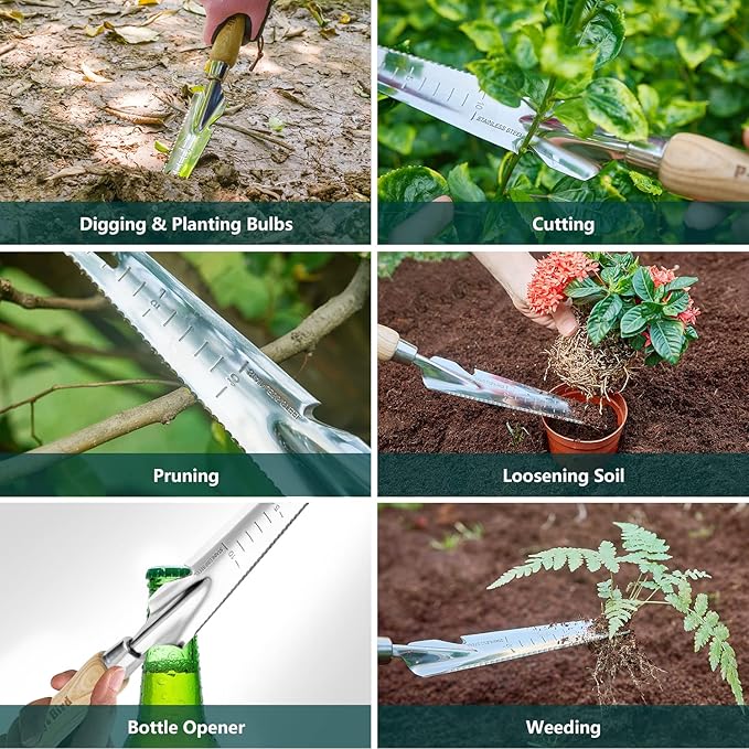 Berry&ampBird Gardening Hand Tool Set - 3PCS Stainless Steel Garden Tool Kit Multifunctional Tool with Wooden Handle Trowel Fork &amp Weeder for Weeding Planting Transplant Ideal Garden Gift for W