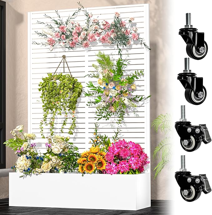 Metal Planter Box with Trellis72x47x16Galvanized Steel Outdoor Raised Garden Bed with Privacy Screenwith Drainage Holes &amp Lockable Casters for Climbing PlantsVegetablesand Vines(WHITE-BYC)