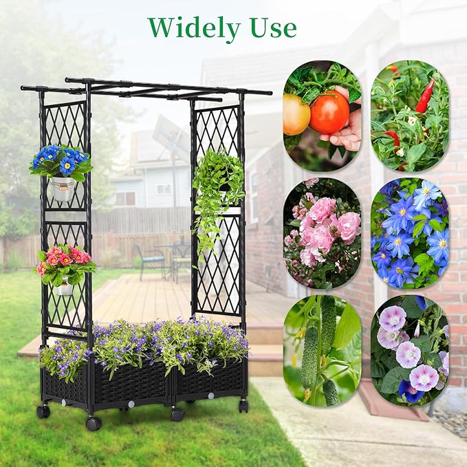 Planter Box with Trellis Outdoor 53.1in Plastic Raised Garden Bed with Trellis Hanging Roof for Vine Flower with Lockable Wheels &amp Drain Plug for Patio Backyard Balcony Black 1 Pc