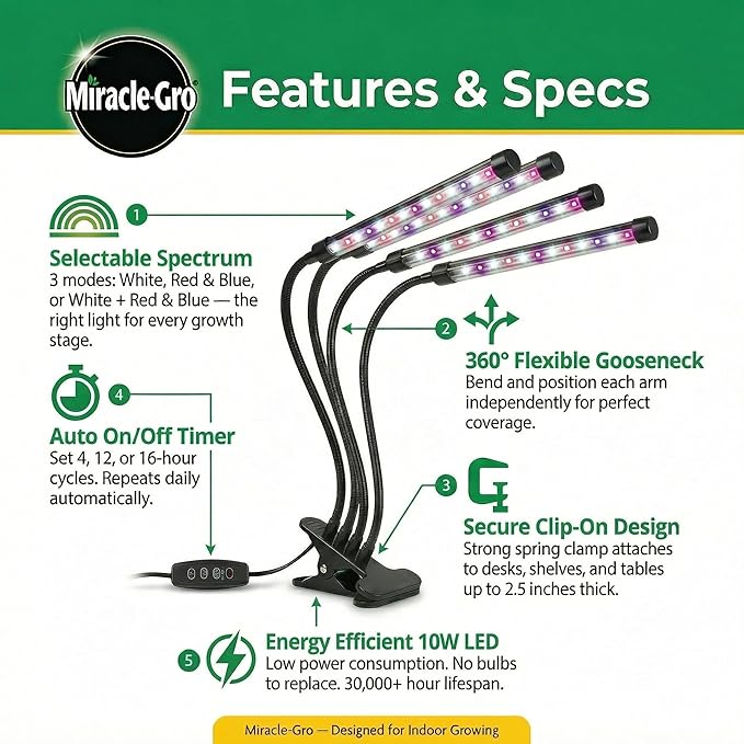 Miracle-Gro LED Grow Light for Indoor Plants 4-Head | Selectable Spectrum Clip On Plant Light with Timer &amp Dimmable Modes | Flexible Gooseneck Lamp for Seed Starting Succulents Herbs &amp House