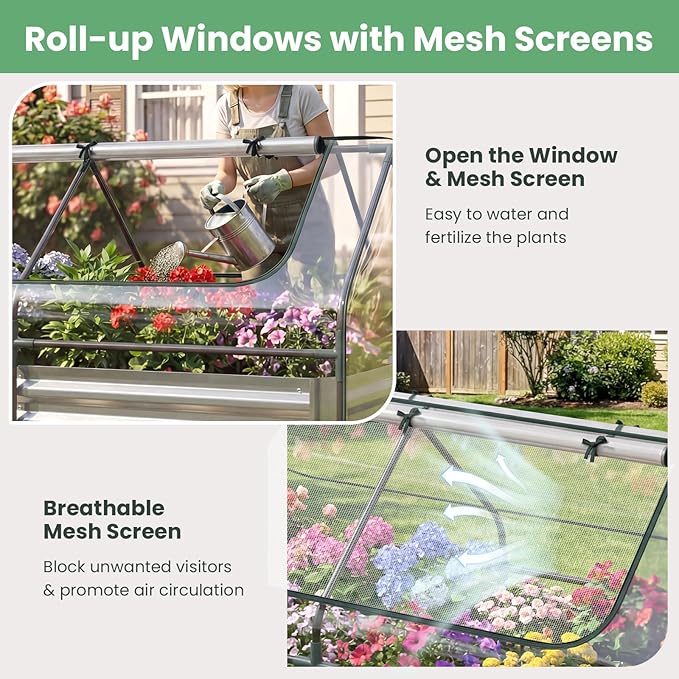 Happygrill Raised Garden Bed with Cover Galvanized Planter Boxes Outdoor w/Mini Greenhouse 2 Roll-up Windows &amp Open-Ended Base Metal Growing Raised Bed for Vegetables (Silver 72” x 36” x 37”)