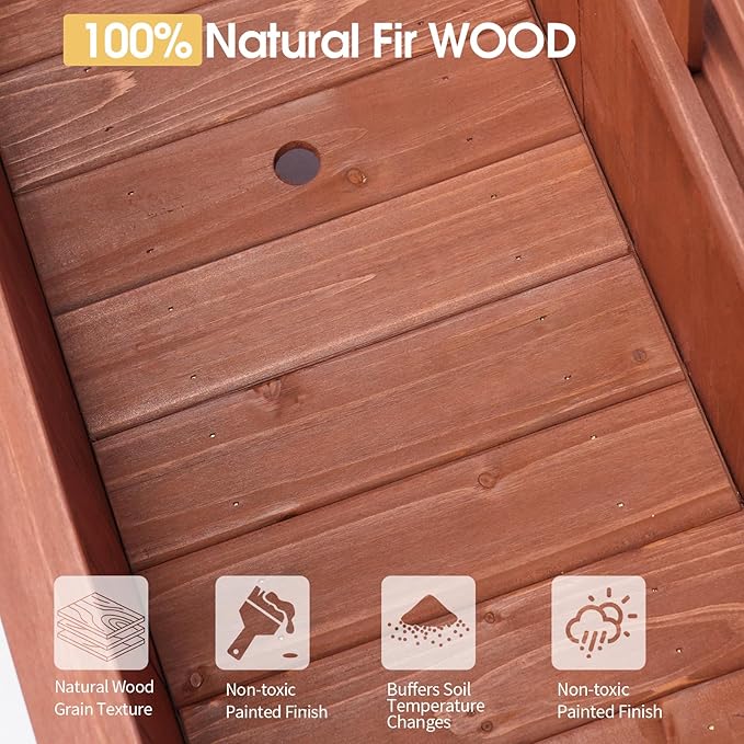 Outvita Mobile Wood Planter Box with Trellis &amp Locking Wheels Standing Raised Garden Bed with Drainage Holes for Outdoor Climbing Plants Vine Flowers Herbs (Cedar Brown)