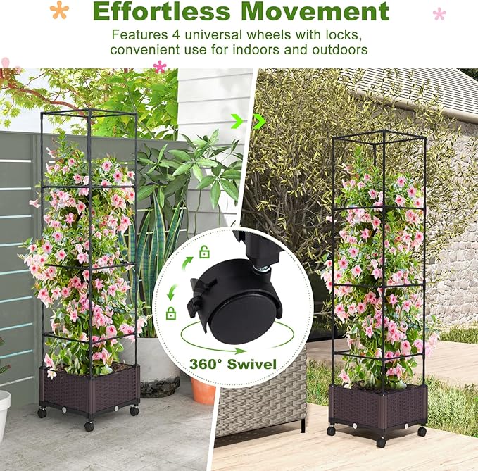 Giantex Set of 2 Raised Garden Bed with Tomato Cages 67” Adjustable Height Self Watering Planter Garden Box with Wheels Trellis for Climbing Plants Vegetable Flower