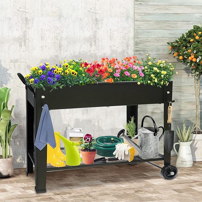 aboxoo Large Planter Raised Beds with Legs Outdoor Metal Planter Box on Wheels Elevated Garden Bed for Vegetables Flower Herb Patio (40 L x 11 W x 31.5 H)