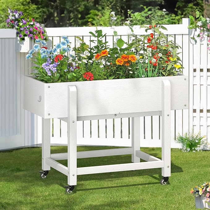 LUE BONA Raised Garden Bed with Wheels 39.4 * 16.7 * 28 in Poly Elevated Outdoor Planter Box with Tools Weather Resistant Standing Growing Bed Herb Planter for Vegetable Flowers Fruits