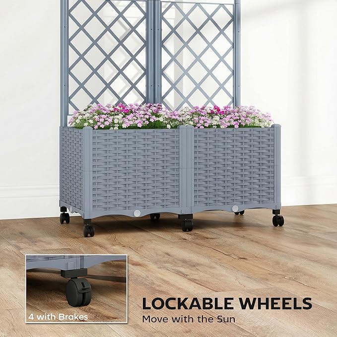 Outsunny Planter Box with Trellis Self Watering Raised Garden Bed with Lockable Wheels 56.3 Trellis Privacy Planter with Drainage Holes for Climbing Plants Vines Vegetables Flowers Gray