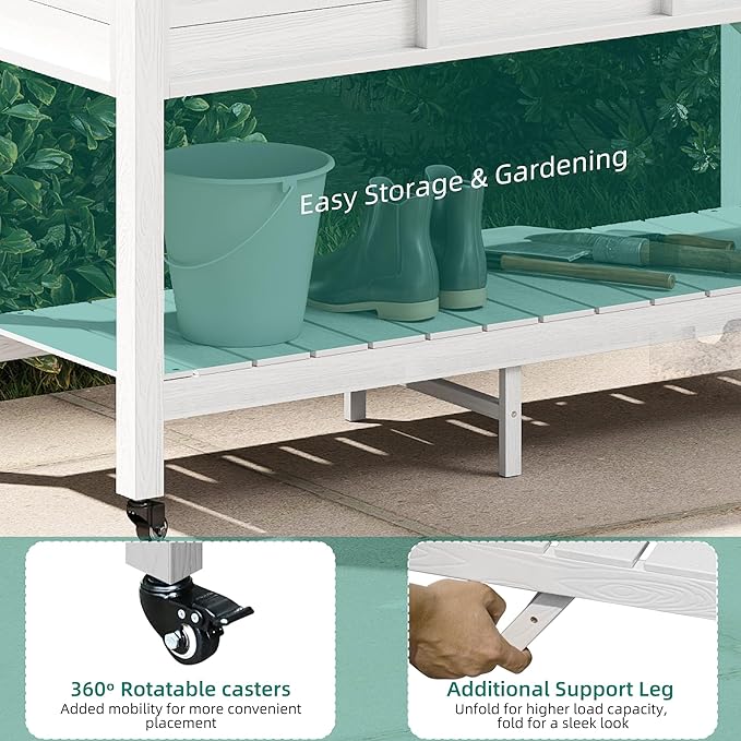 YITAHOME Raised Garden Bed HDPE 47x18x31In Raised Flower Bed Poly-Wood Weather-Resistant Elevated Planter Box with Lockable Wheels &amp Storage Shelf for Vegetable Flower White