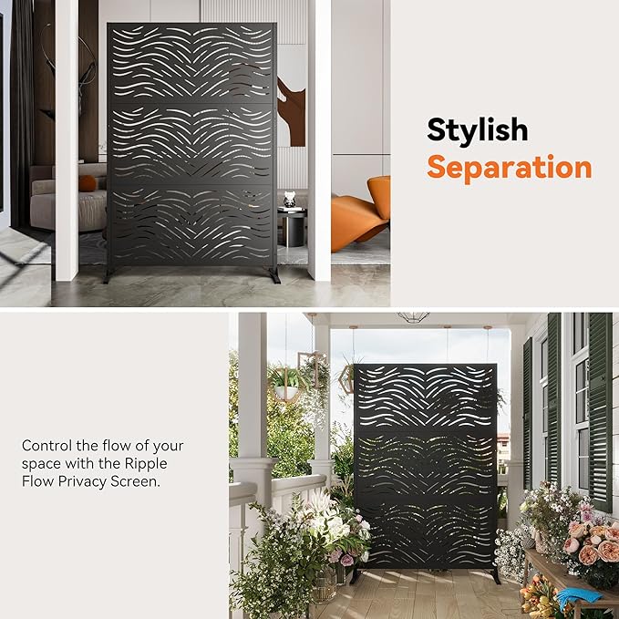 Modern Shade 4x6 FT Metal Privacy Screen with Artistic Modular Designs Decorative Patio Privacy Fence &amp Garden Divider Freestanding Outdoor Metal Fence Panel Weather-Resistant (Ripple Flow)