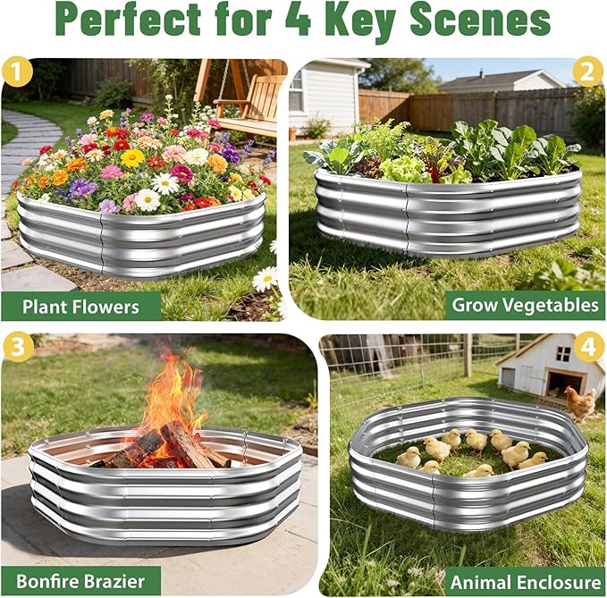 Hexagon Raised Garden Bed 48 Inch Diagonal &amp 12 Inch Tall Galvanized Steel Planter Box with Wave-Shaped Metal Panels for Outdoor FlowerTreeHerb &amp Vegetable Garden (Silver 4FT X 1FT)