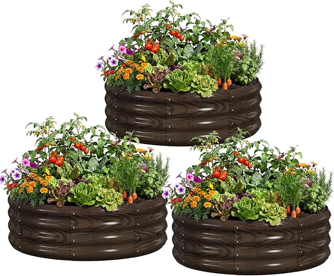 DoCred 3 Pack 3x3x1Ft Round Galvanized Raised Garden Bed Metal Garden Bed Outdoor Kit for Gardening Above Ground Planter Box for Plants Vegetables Herbs Flowers Wood Grain