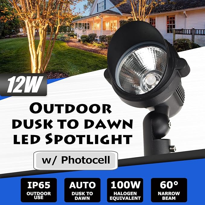GBS9912 Outdoor LED Spotlight with Photocell Sensor 120V 12W 5000K Daylight White Photocell Enabled 3 FT Cord with Plug in Outdoor Lighting Black