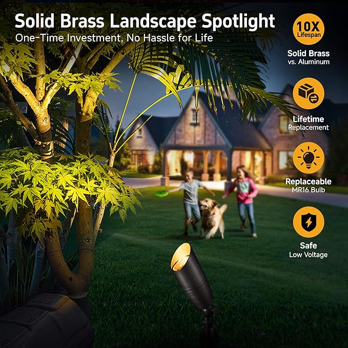 Gardenreet 12V Landscape Spotlight Bundle - 6 Pack Brass Spotlight 65FT 16/2 Cable Outdoor Waterproof LED Fixture for Garden Wall Tree with 5W 2700K Warm White MR16 Bulb