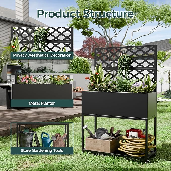 Metal Planter Box Multi-Functional &amp Easy to Assemble 55 H x 35 W Raised Garden Bed for Climbing Plants Elevated Standing Garden Planter with Drainage Holes for Outdoor Patio