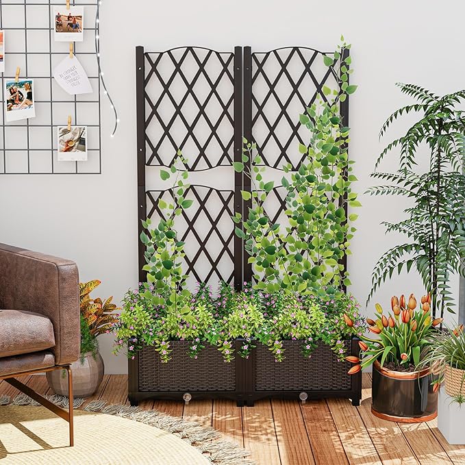 LDAILY Moccha Raised Garden Bed with Trellis - Planter with Trellis Self-Watering Device Drainage Hole Standing Garden Bed for Climbing Plant Vegetable Herb Flower (32”L x 16”W x 53”H)