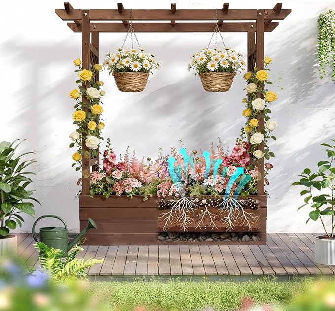 VINGLI Raised Garden Bed with Trellis &amp Hanging Roof Wooden Garden Bed Outdoor Planter Box for Yard Garden Balcony (Carbonized Wood Color Medium)