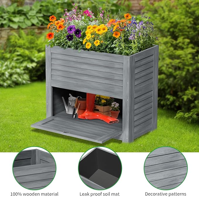 SUNYRISY 2Pack Wooden Raised Garden Bed with Storage Box 34 L x 18 W x 30 H Elevated Large Garden Planter Box for Planting Herb Vegetable Flower Outdoor Indoor Grey