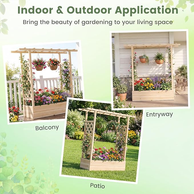 Raised Garden Bed with Trellis Wood Planter Box w/Trellis Hanging Roof Drainage Holes Freestanding Planter Raised Bed for Outdoor Climbing Plants Flowers Patio Yard Balcony (2 Natural)