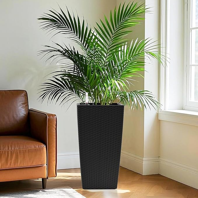Square Planter for Indoor or Outdoor Use 22 Inch High Faux Rattan Flower Pot with Automatic Watering System for Porch Patio Backyard Makes Keeping Flowers Easier (Pack of 2 Black)