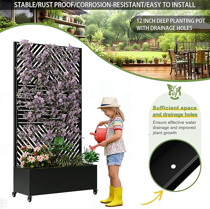 Sturdy 47x16x73 Inch Galvanized Steel Raised Garden Bed with Trellis Metal Planter Box on Wheels for Patio Privacy Screen 12 Inch Deep Root Mobile Vertical Garden Planter for Climbing Plants (M4)