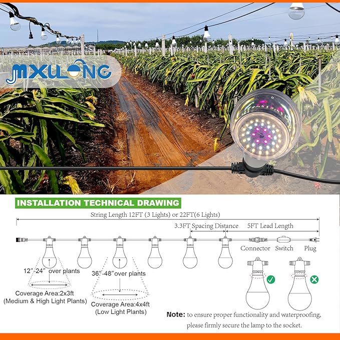 Grow Light Bulbs LED Growth Bulb A25 Full Spectrum String Plant Light Houseplant Growting Lamp Indoor Or Outdoor Waterproof Grow Lights (12 Lights and Cord)