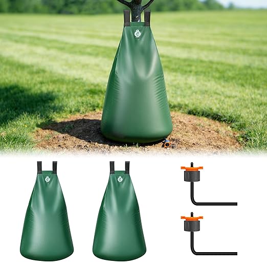 HIRALIY 20 Gallon Tree Watering Bag 2 Pack Slow Release 1-5 Days Deep Root &amp Automatic Drip Irrigation System for Multi-Trunk Newly Planted Small Trees and Shrubs