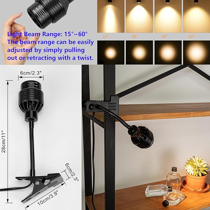 Clip Mount Flexible Angle Adjustment Full Spectrum Spotlight 7W 4500K 15 Feet Plug Outlet Timer Cable Black Vintage Design for Plants Shelf Background Rental House