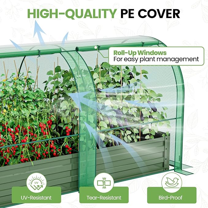 SPECILITE Raised Garden Bed with Mini Greenhouse Galvanized Metal Planter Box Kit with PE Cover 2 Roll-Up Doors for Ventilation Gardening Set for Outdoor Growing Vegetables Herbs Fruit &amp Flow