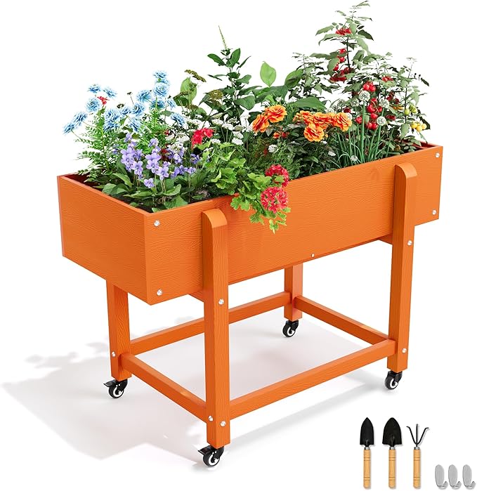 LUE BONA Raised Garden Bed with Wheels 39.4 * 16.7 * 28 in Poly Elevated Outdoor Planter Box with Tools Weather Resistant Standing Growing Bed Herb Planter for Vegetable Flowers Fruits