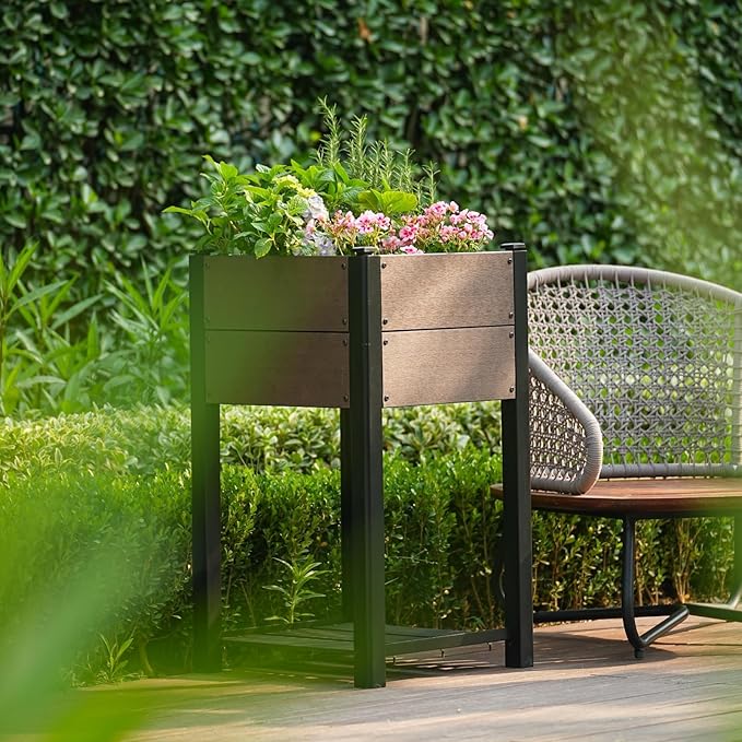 GAOMON HDPE Elevated Raised Garden Bed with Wood Grain Finish – Sturdy Black Aluminum Frame Storage Shelf &amp All-Weather Design Perfect Planter for Vegetables &amp Herbs Outdoors – Size: 49x49x8