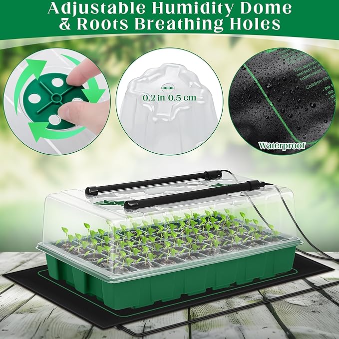 Seed Starter Kit 40-Cell Seed Starter Tray with Grow Lights Full Spectrum Seedling Heat Mat 40 Peat Pellets Seeds Starting Soil Plant Labels Garden Tools for Germination Seeds Growing Green