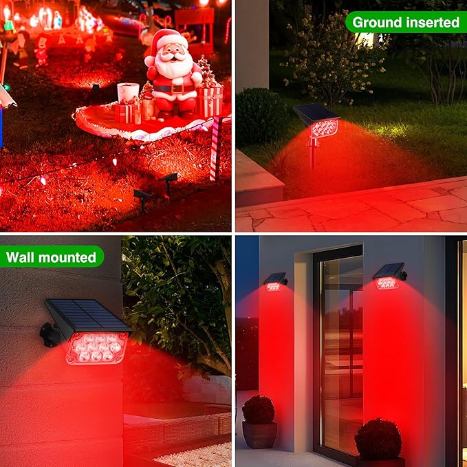 Red Solar Spot Lights Outdoor20 LED Waterproof IP65 Solar Landscape Light Adjustable Panel Spotlights for Wall Tree Yard Garden Halloween Christmas Lighting 4 Pack