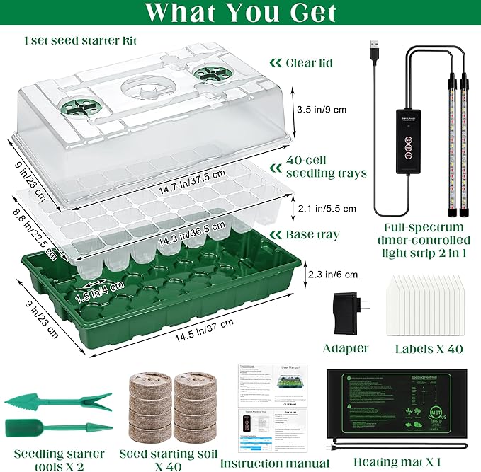 Seed Starter Kit 40-Cell Seed Starter Tray with Grow Lights Full Spectrum Seedling Heat Mat 40 Peat Pellets Seeds Starting Soil Plant Labels Garden Tools for Germination Seeds Growing Green